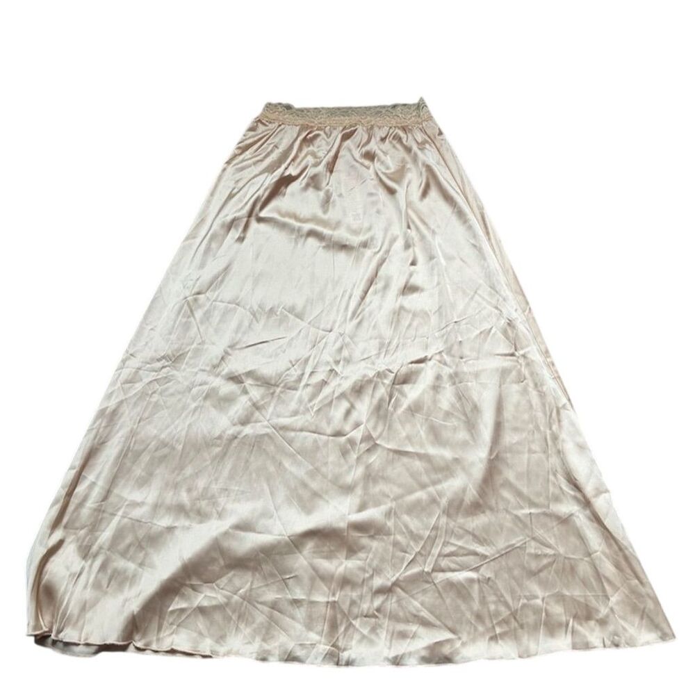 KATE KASIN Women's Beige Lace Trim Satin Midi Long Skirt Size S‎